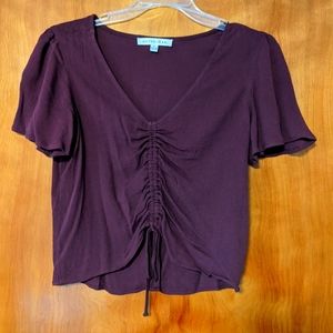 Burgundy ruched flutter sleeve blouse with drawstring